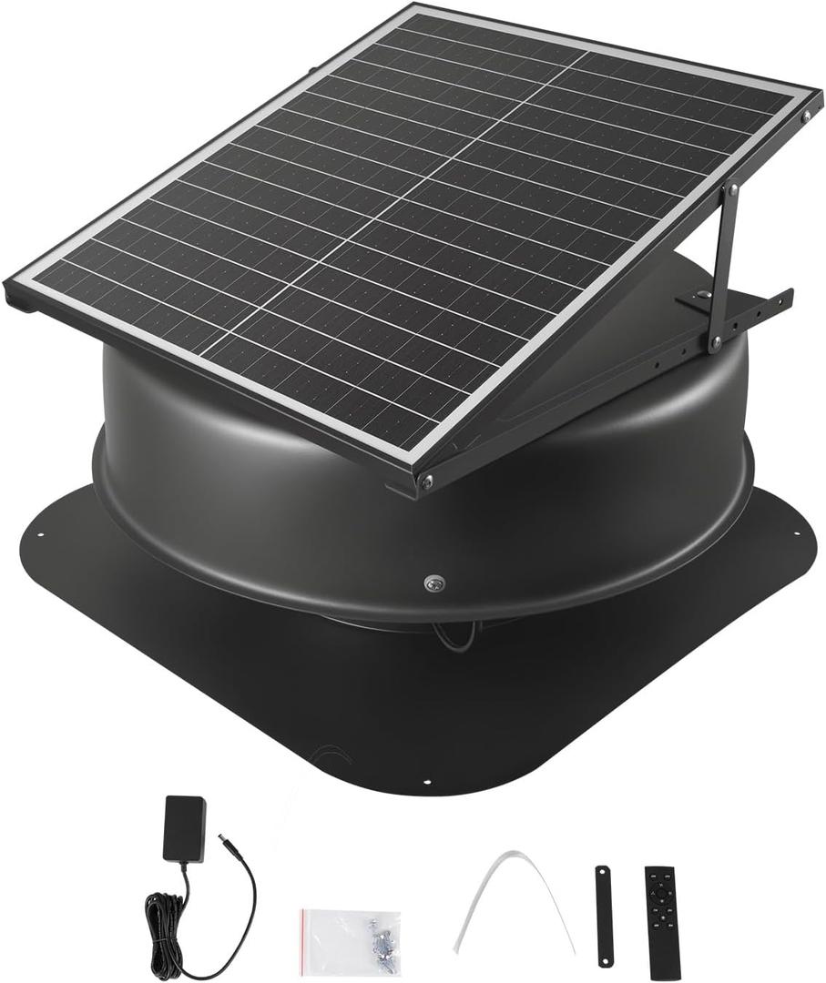 VEVOR 42W Solar Attic Fan, 2800 CFM Smart Roof Vent Built-in Temperature Sensors with Remote Control, Low-Noise & Weatherproof for Attic, Garage, RV Ventilation, 14" Cutout Diameter, Up to 1000 Sq Ft