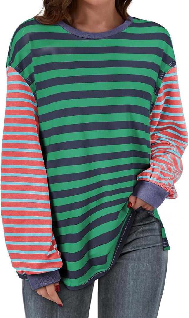 BLENCOT Women's Oversized Patchwork T Shirts Fall Long Sleeve Striped Color Block Loose Fit Pullover Tops (X-Large)