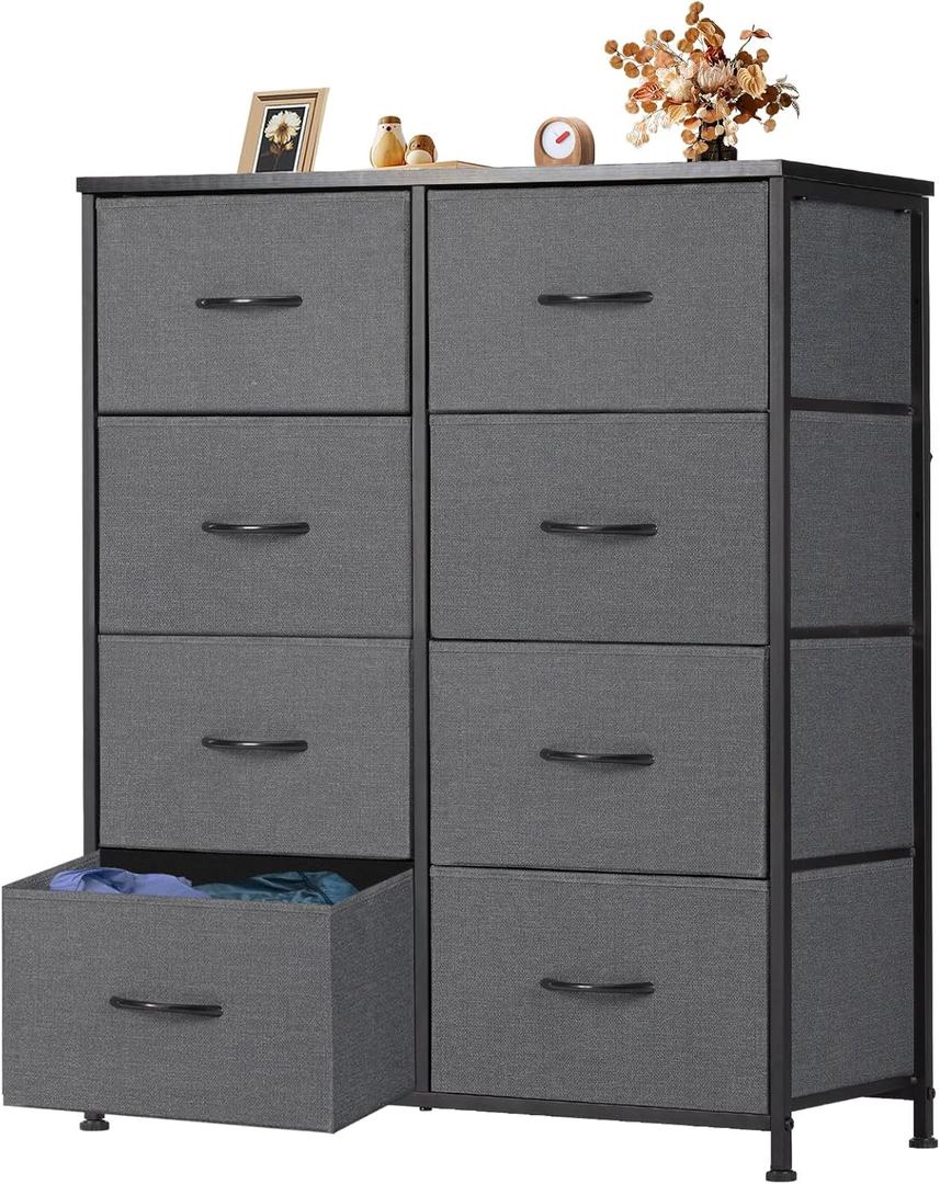 OLIXIS Dresser for Bedroom, 8 Storage Fabric Drawers, Metal Frame and Wooden Top, Tall Storage Drawer Dresser for Closet with Easy Pull Handles for Living Room, Entryway, Small Space Grey
