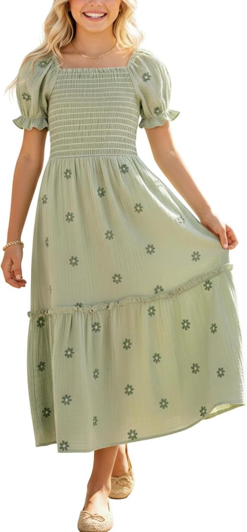 Sunny Spirit Girls Summer Dresses Tween Dress for Girl Maxi Spring Boho Floral Short Puff Sleeve Smocked Cotton 5-14 Years (Green)