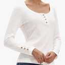 Stelle Women's Ribbed Knit Henley Long Sleeve Button Top Loose Fit (White, S)
