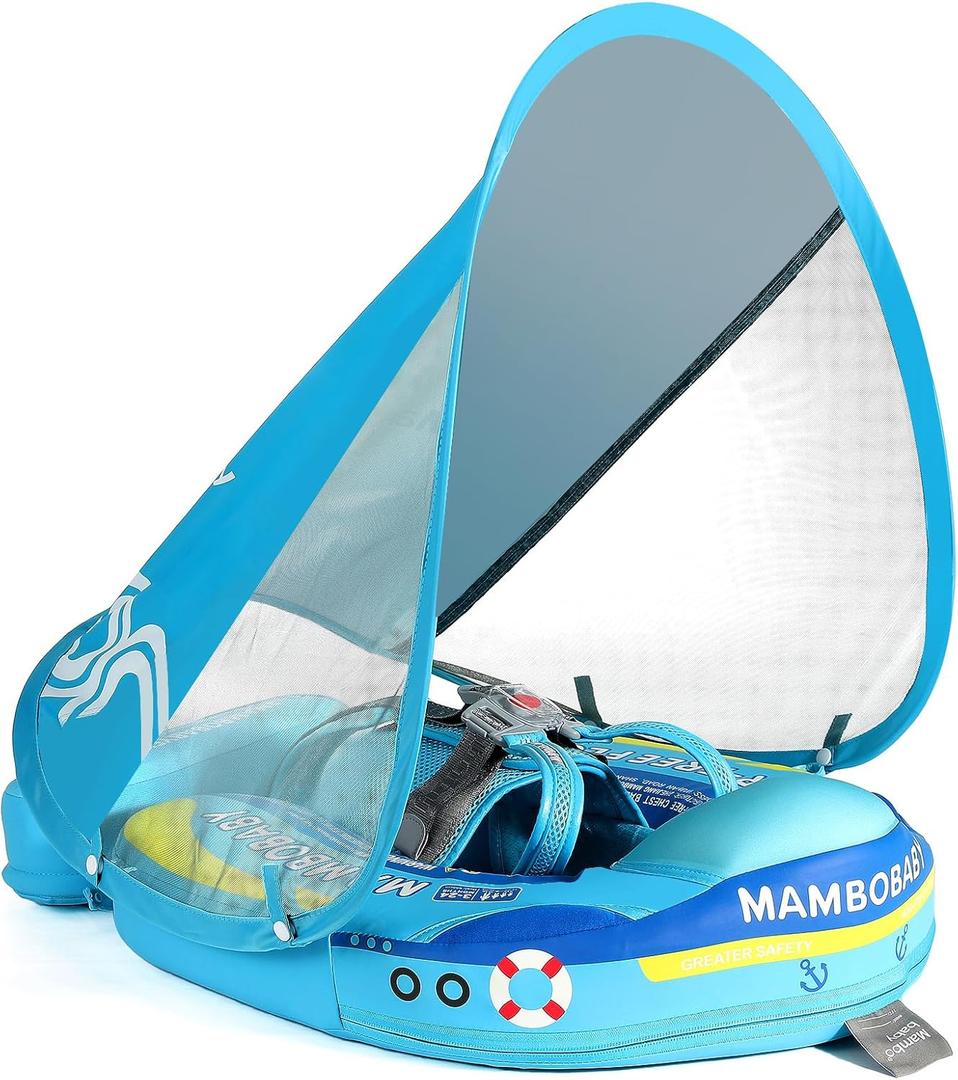 Mambobaby Float Add Tail No Flip Over Non-Inflatable Baby Swim Float Pearl Foam Solid Water Floats Smart Swim Trainer Infant Pool Float Swim Ring with Sun Canopy (Deluxe Boat Blue)