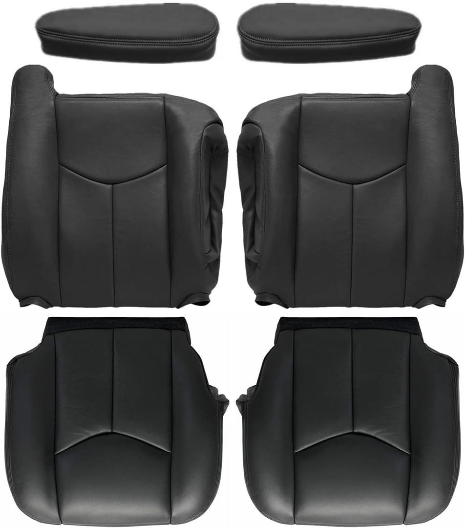 NLQR #692/69i Dark Gray Driver & Passenger Bottom & Top & Armrest Covers Replacement Leather Seat Covers fit for Chevy Silverado Avalanche Tahoe Suburban Yukon GMC Sierra 1500 2500HD 3500HD 2003-2007