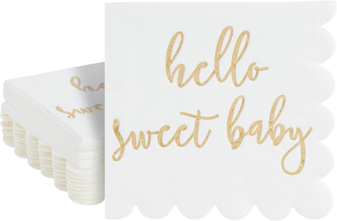 50 Pack 5x5 Inch White Scalloped Napkins with Gold Foil Hello Sweet Baby - Gender Neutral Baby Shower Napkins & Table Decor for Boy Girl Sprinkle Decorations