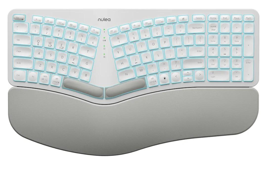 Nulea RT05 Wireless Ergonomic Keyboard, Split Keyboard with Wrist Rest, USB-C Charging, 7-Color Backlight, Natural Typing, Bluetooth and USB Connectivity, Compatible with Windows,Mac