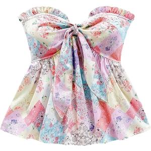 Milumia Women's Floral Plants Print Tie Front Tube Top Ruffle Trim Strapless Peplum Tops (M)