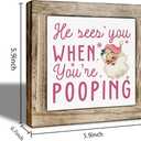 Pink Christmas Decor Sign for Bathroom, Funny Toilet Decoration, He Sees You When You're Pooping Bathroom Wooden Sign, Humor Pink Santa Tabletop Decor for Toilet 5.9x5.9 Inches