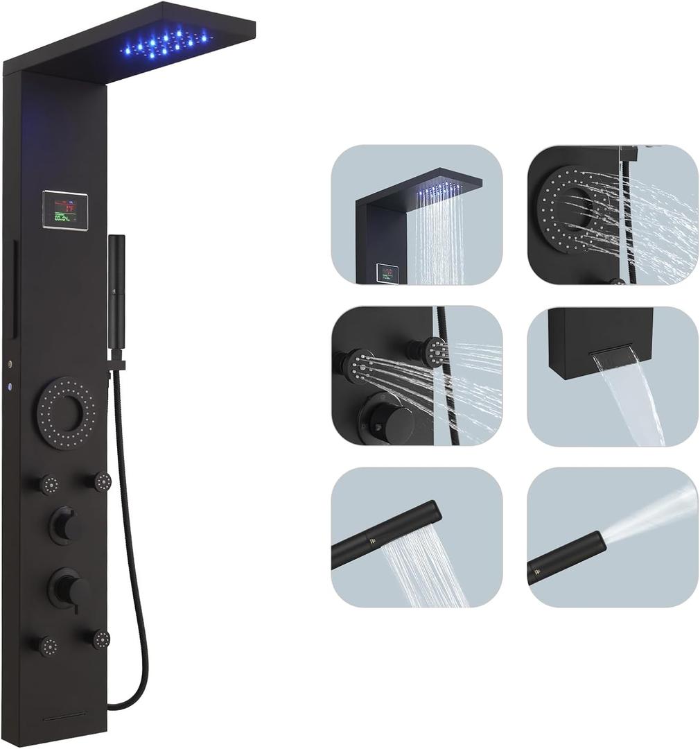 Hoimpro Matte Black LED Shower Panel Tower System,2 In 1Function Shower Panel Light Rainfall Waterfall Shower Rain Massage System with Body Jets Handheld Shower Sprayer, Stainless Steel, Wall Mount