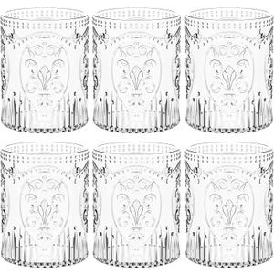 Qinyoung 6 Plastic Vintage Drinking Glasses 8.5oz Stemless Retro Embossed Wine Glasses Shatterproof Reusable Cups for Baby Shower Wedding Reception Grand Event Party (Clear)