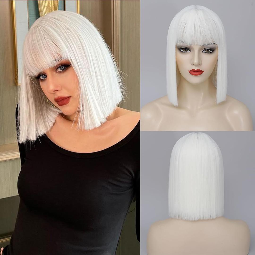 White Bob Wig With Bangs - Short Straight White Wigs for Women, 12inch Synthetic Bangs Wig with Flat Bangs, Natural Hair For Daily Party Halloween Cosplay Use