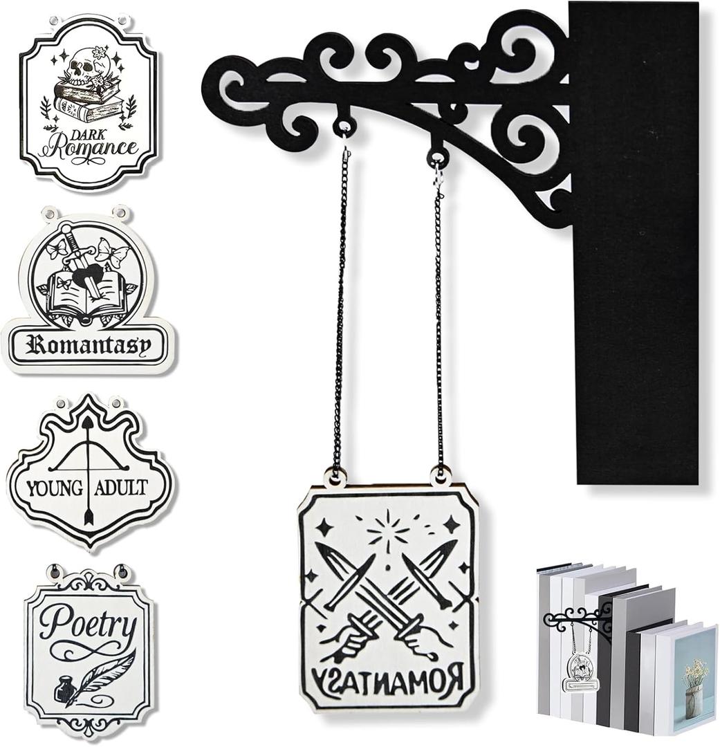 Set of 5 Custom Book Genre Dividers - Decorative Hanging Shelf Signs with Chains for Home Library, Bookshelf Organization & Reading Corner Decor, Easy Mount Tavern Style Bookcase Labels