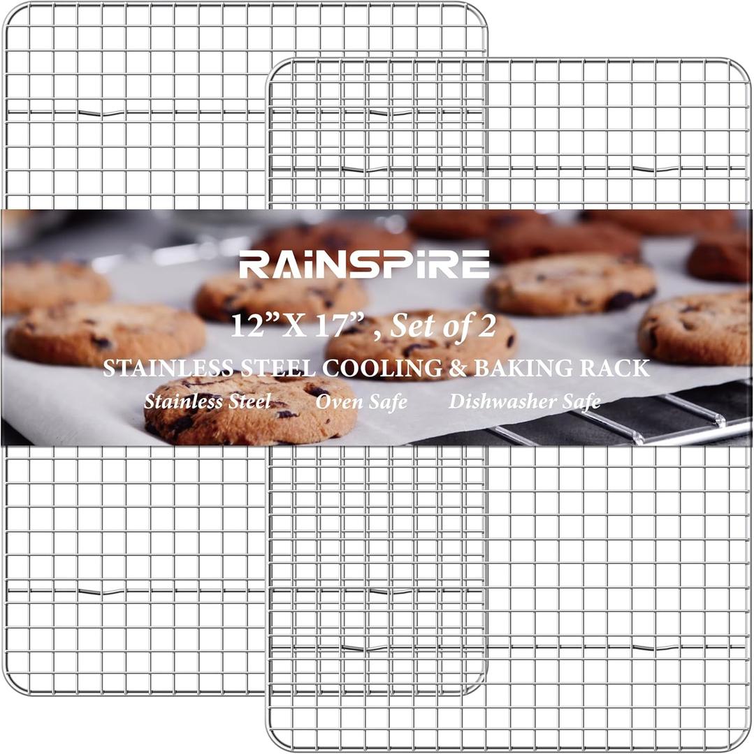 Rainspire Cooling Rack Stainless Steel, Heavy Duty Cooling Racks for Cooking and Baking, Oven Safe Wire Rack for Cooking, Baking Rack for Oven Cooking Fits Half Sheet Cookie Pan, 12" x 17", 2-Pack