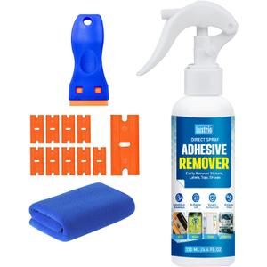 Adhesive Remover Spray with Scraper & Towel - Gentle Formula Dissolves Glue, Stickers, Tape, Gum & Grease on Painted, Metal, Plastic & Glass | Streak-Free (4.4oz/130ml)