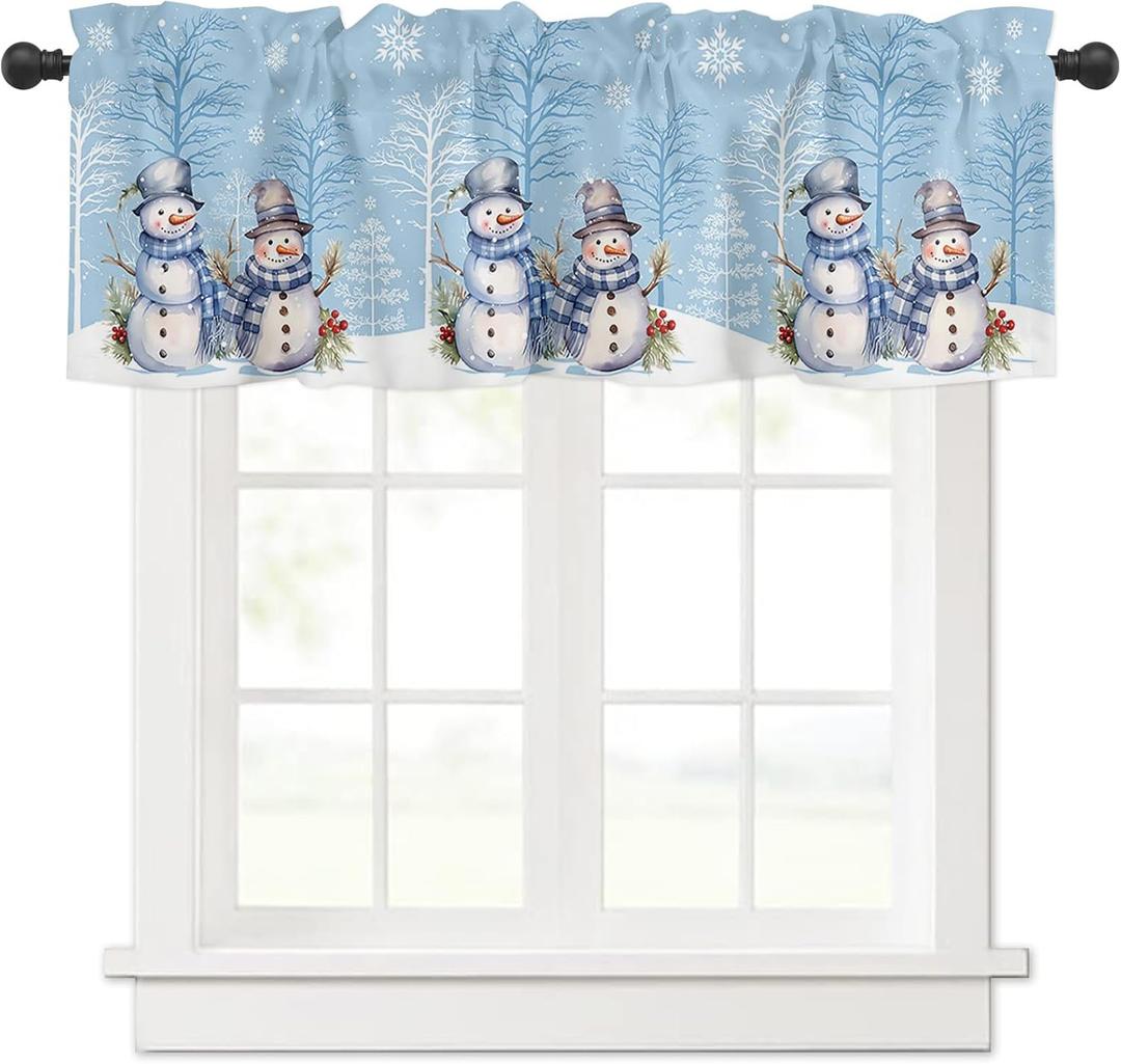 Blue Winter Christmas Curtain Valance for Windows/Living Room/Kitchen/Bathroom/Farmhouse, Holiday Snowman Xmas Pine Tree Snowflake Curtain Short Rod Pocket Tier Curtain Window Treatment Panel 54x18