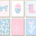 6 Pcs Blue and Pink Floral Bow Wall Art Trendy Chinoiserie Watercolor Heart Canvas Prints Posters Cowgirl Boots Aesthetic Wall Decor for Girly Room Coastal Dorm Home Decor Unframed 8x10in