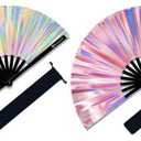 Large Rave Fan, Clack Folding Hand Fan with Premium Fabric, Thick Bamboo Frame for Men Women Gift for EDM, Festival, Club, Party, Dance, Decoration, Set Of 2