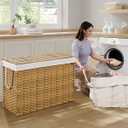 SONGMICS Laundry Hamper with Lid, 200 L Clothes Hamper with 2 Removable Liner Bags, 6 Mesh Bags, Wicker Laundry Basket, Double Laundry Hamper for Bathroom, 15.7 x 33.9 x 24 Inches, Natural ULCB452Y01
