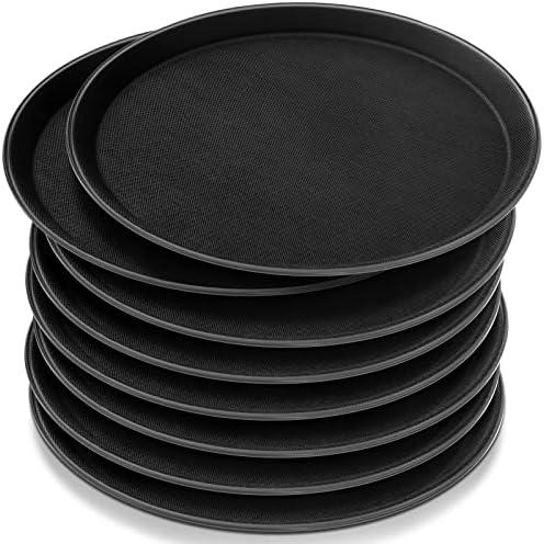 Zopeal 8 Pieces Black Round Restaurant Serving Tray, Plastic Non Slip Surface Food Meals Server Tray with Raised Edges for Home, Kitchen, Restaurant, Cafeteria, Bar (14") - Plastic Marring