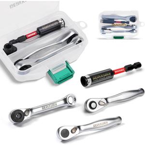 GEINXURN Mini Ratchet Wrench& Bit Holder Set 4 Pcs, 1/4" Drive Ratchet Handle Wrench, 72-T Quick-Release Reversible Socket Wrench, Impact Extension Bit Holder with Case