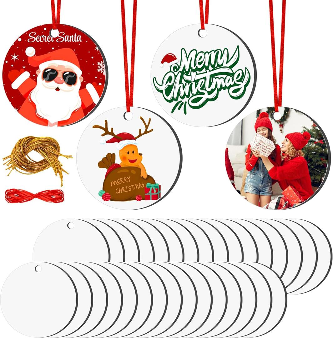 Joyclub 35 Pcs 3'' Sublimation Ornament Blanks MDF Sublimation Christmas Ornaments Bulk Round Double Sided Ornaments for Personalized Xmas Tree Ornament Home Decor DIY Crafts