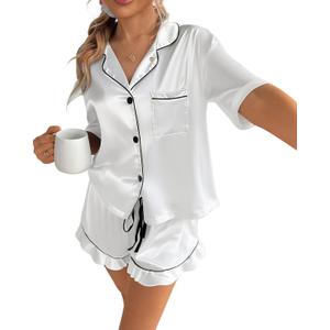 CHYRII Womens Satin Pajamas Sets Short Sleeve Ruffled Loungewear 2 Piece PJ Sets with Magnetic Diffuser White L
