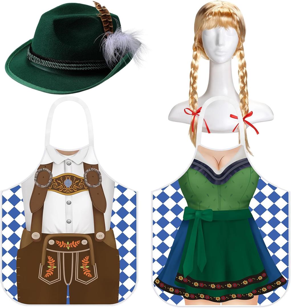 4 Pcs Oktoberfest Costume Couple Cooking Aprons German Hats Blond Wig Oktoberfest Dress (Green, Brown)