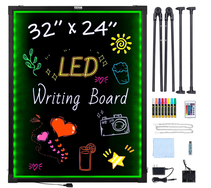 VEVOR 32"x24" LED Message Writing Board, Menu Sign Boards, Illuminated Erasable Lighted Chalkboard, Neon Effect Drawing Panel with 8 Fluorescent Chalk Markers and Remote Control