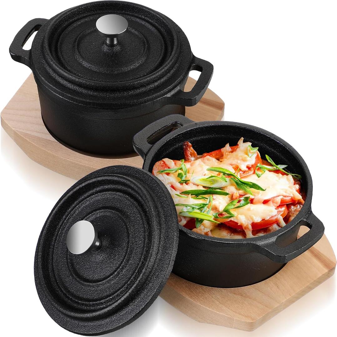 2 Sets 20 oz Dutch Oven Pot with Lid and Wooden Base Pre Seasoned Cast Iron Casserole Mini Cast Iron Pot Round Cocotte with Handle Heavy Duty Casserole Dish for Grill Oven Black