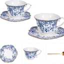 Vintage Floral Porcelain Tea Cup and Saucer Set with Spoon, Gold Trim, 6.4 oz Set of 2, Blue Tea & Espresso & Coffee Cups (2, China Flower)