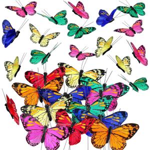 Ysleen 12 Set Monarch Butterfly Crafts Decoration Feather Butterflies Picks for Arrangements Garland Spring Floral Flower Stick Wire Artificial Fake DIY Art Crafts Supplies, (4 x 2.4 Inch, Bright Color)