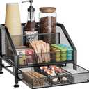 SWTYMIKI Coffee Bar Organizer for Countertop Space-Saving Kcup Organizer with Drawer and Tiered Shelves, Coffee Station for Pods, Sugar, Syrup, Cups, Stirrers, Condiment Organizer Storage