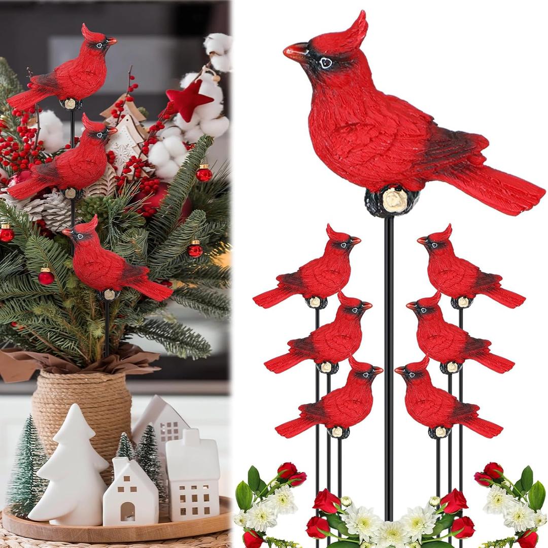 Suzile 6 Pcs Cardinal Garden Stake Red Cardinal Christmas Ornaments Floral Picks Garden Bird Resin Crafts for Decoration Flower Arrangements Tree Potted Plants, 11 Inch
