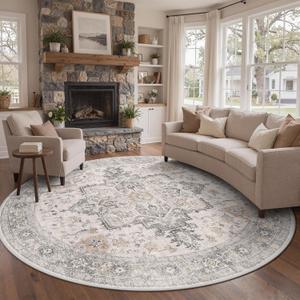 GENIMO 8FT Round Area Rugs for Living Room, Circle Rugs Machine Washable Low Pile, Chenille Non Slip Vintage Rug for Bedroom, Dining Room, Home Office, Light Taupe Brown