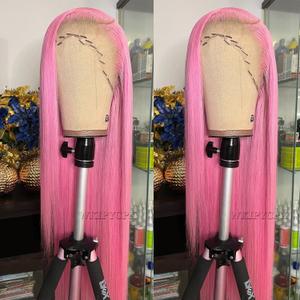 WKIPYCPK Pink Lace Front Wigs Colored Long Straight Hair Pastel Pink Wig Heat Resistant Free Part Lace Wig Natural Hair High Density Synthetic Lace Front Wigs for Fashion Women
