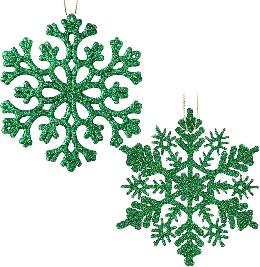 30PCS Christmas Glitter Snowflake Ornaments Plastic Snowflakes Ornaments-Xmas Tree Decorations,4.7-inch(Green)