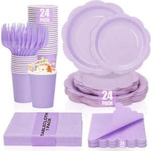 Purple Plates and Napkins for 24 Guests, 9’’ Disposable Scalloped Paper Plates and 7’’ Lavender Dessert Cake Plates Tableware Set Party Supplies for Birthday, Baby Shower Decorations, Wedding