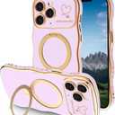 Case for iPhone 11 Pro Max with Magnetic Stand, Luxury Plating Curly Wavy Frame and Cute Heart Pattern, Lens Edge Raised Protection, Slim Shockproof Soft Case for iPhone 11 Pro Max-Light Purple