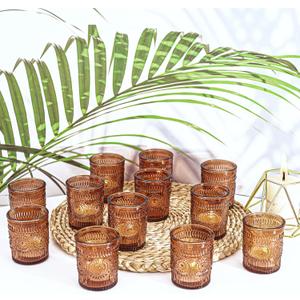 12 Pcs Amber Glass Votive Candle Holders, Tealight Candle Holders for Table Centerpieces, Vintage Candle Holder Bulk, Boho Wedding, Home, Bridal Shower, Birthday Party Table Decor (Amber)