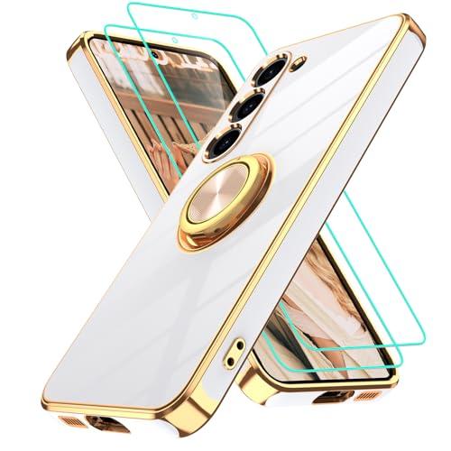 Gritup for Samsung Galaxy S23 Case: with 2Pcs Screen Protector, 360° Rotation Ring Holder Magnetic Kickstand, Plating Gold Edge Soft TPU Shockproof Protective Cover for Galaxy S23, White