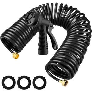 Pangda 75 Ft x 3/8'' Coil Garden Hose EVA Recoil Garden Self Coiling Expanding Water Hose with 6 Function Spray Nozzle Universal 3/4'' Brass Connector Fitting for Outdoor Yard(Black)