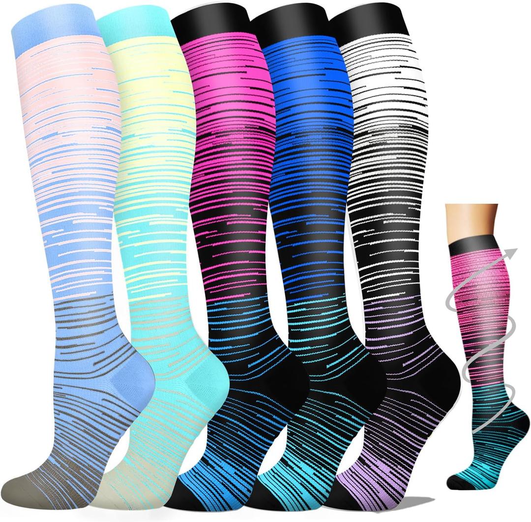 5 Pairs Plus Size Compression Socks for Men & Women Wide Calf 20-30 mmHg Graduated Compression Stockings for Giant Edema Swelling on Sale Discount Deals Helper Gifts Bulk Clearance(Stripe 03,2XL-3XL)