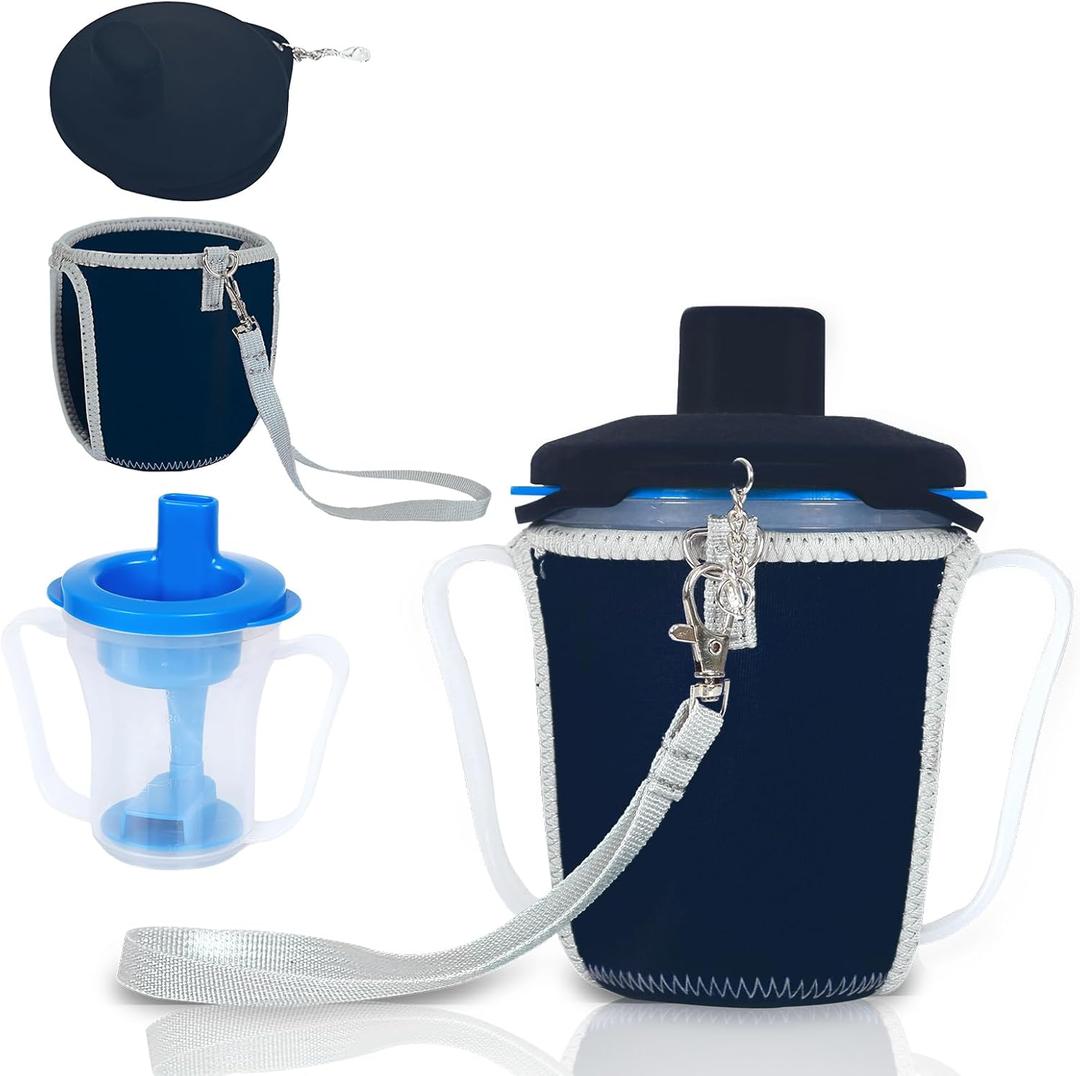 Dysphagia Regulating Drinking Cup Set  Spill-Proof, Adjustable Flow (5cc-10cc/10cc-15cc), Heat & Condensation Insulating Sleeve  for Elderly, Parkinsons, Dementia Patients (Cup+Cup Sleeve+Lid Cover Set-Royal Blue)