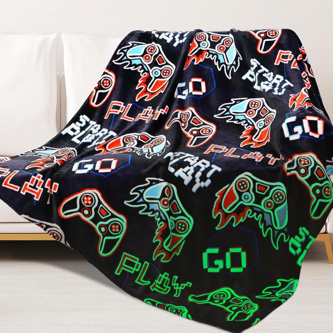 ORDM Glow in The Dark Blanket Boys Gaming Controller Throw Blanket Game Controller Easter Gifts for Boys Toys Age 1-15 Years Old Birthday Gifts Room Decor Luminous Blanket (Game, 50 x 60 inches)