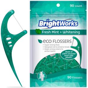 Brightworks ECO Sustainable Floss Picks - 270 Count - PFAS Free - Made in USA100% Post-Consumer Recycled Plastic, Super Strong Mint-Flavored Floss with Micro-Crystals