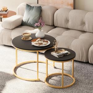 VILAWLENCE Coffee Table Nesting Set of 2 Round End Table Accent Side Stacking Tables Black Wood with Sturdy Metal Frame, Modern Living Room Table Sets Industrial Nightstand