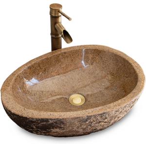 Unique Natural River Stone Sink For Personalized Bathrooms With Irregular Oval Yellow Flecks - Handcrafted Sink In Rustic Farmhouse Style (Medium: Approximately 15-19 in), Medium: 15-19 ‘L x 13-14 “W x 5-6 ”H