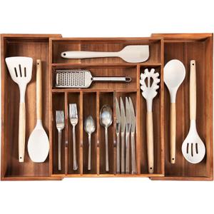 KitchenEdge Premium Silverware, Flatware and Utensil Organizer for Kitchen Drawers, Expandable 14.5 to 25 Inches Wide, 10 Compartments, Food-Safe Premium Acacia Wood Finish Kitchen Storage Tray