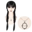 Women Long Black Braids Wig with Bangs Long Straight Pigtails Wig for Adult Costume, Halloween Wig