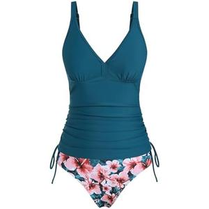 ZAFUL Women's Color Block Ruched Tankini Set V-Neck Drawstring Side Two Piece Swimsuit Tummy Control Bathing Suit Size L
