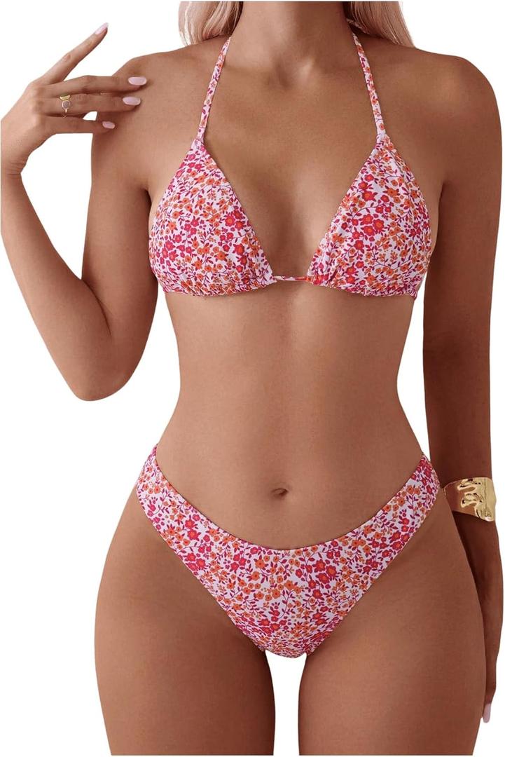 QJQ Women's 2 Piece Bathing Suit Disty Floral Halter Triangle Bikini Sets Sexy Cheeky High Waisted Swimsuit (Pink), S